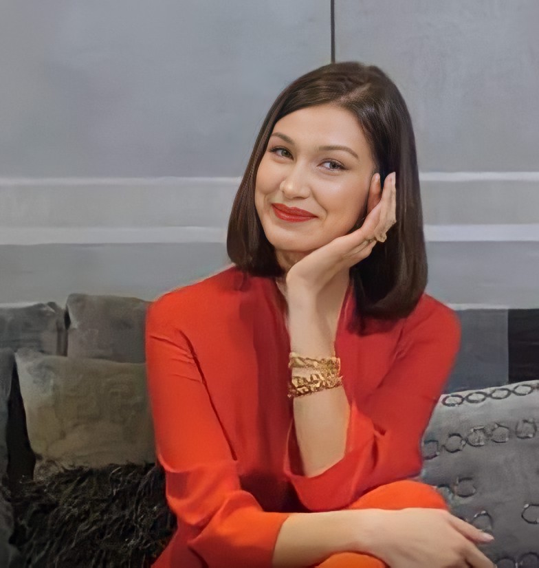 Bella Hadid smiling during a Marie Claire Korea interview, 2018